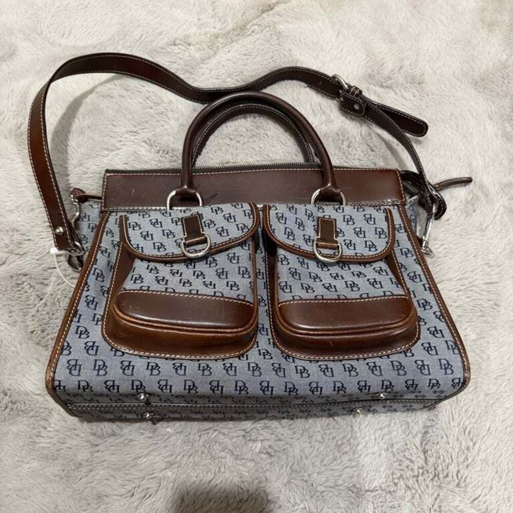 Authentic Dooney & Bourke Signature Handbag with Leather Trim Double Pocket Satc